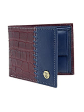 Load image into Gallery viewer, Teakwood Unisex Genuine Leather Maroon & Blue Bi Fold RFID Solid Wallet with Stitch Embroidery||Textured Maroon & Blue color 100% Genuine Leather Men's Wallet||Unisex Leather Bi Fold Wallet