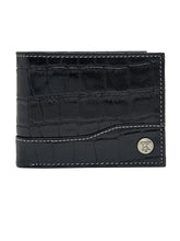 Load image into Gallery viewer, Teakwood Unisex Genuine Leather Black Bi Fold RFID Solid Wallet with Stitch Embroidery||Textured Black color 100% Genuine Leather Men's Wallet||Unisex Leather Bi Fold Wallet
