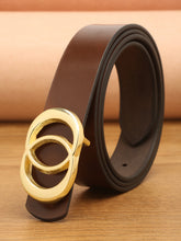 Load image into Gallery viewer, Teakwood Genuine Brown Leather Belt Round Gold Tone Buckle