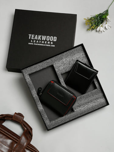 Unisex Black Solid Leather Accessory Gift Set