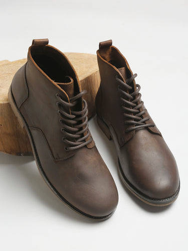 Men Brown Solid Mid Top Lace-up Boots