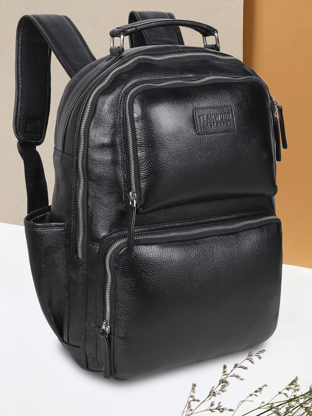 Teakwood Unisex Genuine Leather Black Solid Backpack||Unisex Laptop Bag/Backpack