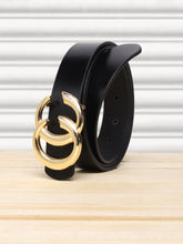 Load image into Gallery viewer, Teakwood Genuine Black Leather Belt Round Gold Tone Buckle (One Size)