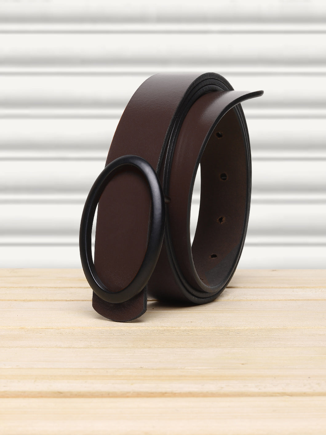 Teakwood Genuine Brown Leather Belt Oval Shape Black Tone Buckle (One Size)