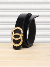 Load image into Gallery viewer, Teakwood Genuine Black Leather Belt Round Shape Gold Tone Buckle (One Size)