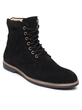 Load image into Gallery viewer, Teakwood Men Black Solid Round Toe Suede Mid-Top Flat Lace-up Boot