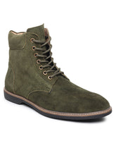 Load image into Gallery viewer, Teakwood Men Olive Solid Round Toe Suede Mid-Top Flat Lace-up Boot