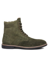 Load image into Gallery viewer, Teakwood Men Olive Solid Round Toe Suede Mid-Top Flat Lace-up Boot