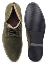 Load image into Gallery viewer, Teakwood Men Olive Solid Round Toe Suede Mid-Top Flat Lace-up Boot