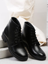 Load image into Gallery viewer, Women Black Solid Genuine Leather Mid-Top Laceup Boots