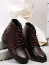 Load image into Gallery viewer, Women Brown Solid Genuine Leather Mid-Top Laceup Boots