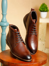 Load image into Gallery viewer, Men Brown Solid Leather Round Toe Mid Top Flat Boots