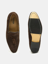 Load image into Gallery viewer, Men Brown Solid Suede Formal Slip-Ons