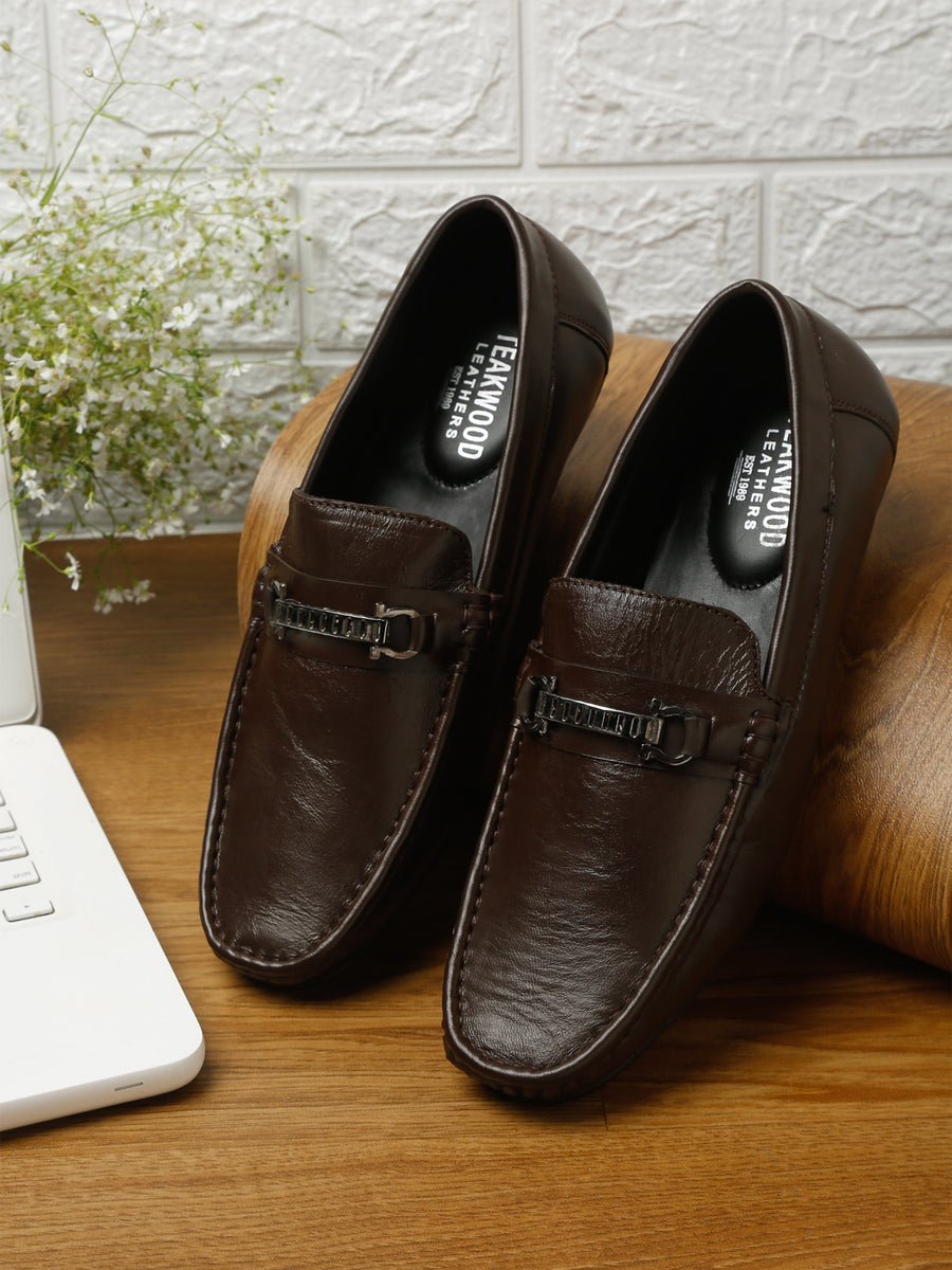 Men Brown Solid Leather Formal Loafers Teakwood Leathers