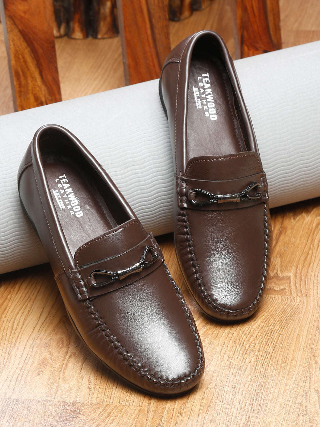 Men Brown Solid Leather Formal Slip-On