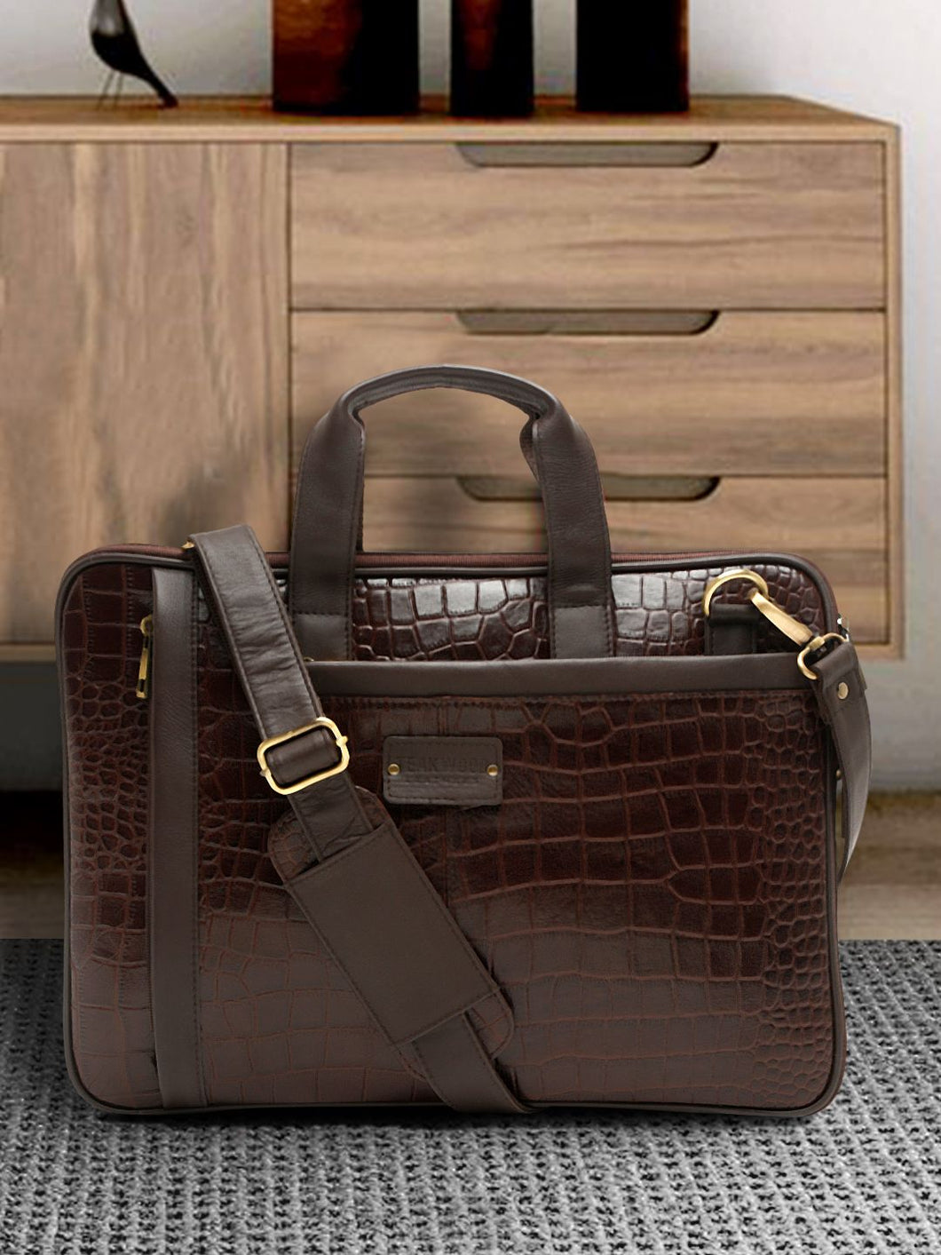 Unisex Brown Textured Genuine Leather Laptop Bag