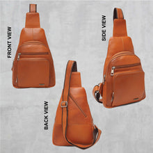 Load image into Gallery viewer, Teakwood Genuine Leather Cross Body Sling Messenger Bag || Lightweight Backpack Chest Shoulder Bags for Travelling, Hiking, Cycling (Tan)