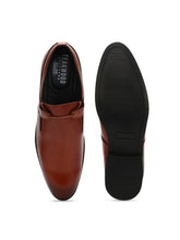 Load image into Gallery viewer, Men Brown Solid Leather Round Toe Formal Slip-Ons