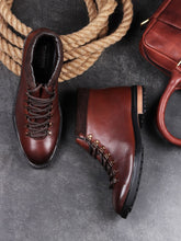 Load image into Gallery viewer, Men Brown Solid Leather Mid-Top Flat Boots