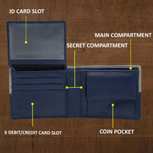 Load image into Gallery viewer, Teakwood Men's Genuine Leather Blue and Grey Bi Fold RFID Solid Wallet