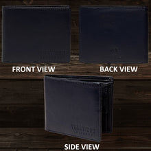 Load image into Gallery viewer, Teakwood Unisex Genuine Leather Blue Bi Fold RFID Solid Wallet