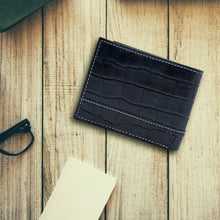 Load image into Gallery viewer, Teakwood Unisex Genuine Leather Blue Bi Fold RFID Solid Wallet with stitch embroidery