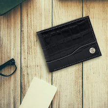 Load image into Gallery viewer, Teakwood Unisex Genuine Leather Black Bi Fold RFID Solid Wallet with Stitch Embroidery||Textured Black color 100% Genuine Leather Men's Wallet||Unisex Leather Bi Fold Wallet