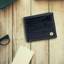 Load image into Gallery viewer, Teakwood Unisex Genuine Leather Blue Bi Fold RFID Solid Wallet