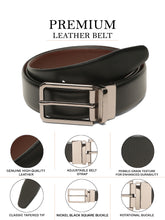 Load image into Gallery viewer, Teakwood Men's Premium Genuine Leather 2-in-1 Reversible Belt | Black &amp; Brown Natural Grain Leather Finish |Nickle Black Slim Frame Pin Buckle | Adjustable 35 mm Dress Belt for Formal, Casual, Office &amp; Business Wear
