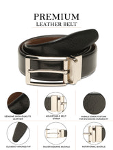 Load image into Gallery viewer, Teakwood Men's Premium Genuine Leather 2-in-1 Reversible Belt | Black &amp; Brown Natural Grain Leather Finish |Silver  Classic Tapered Pin Buckle | Adjustable 35 mm Dress Belt for Formal, Casual, Office &amp; Business Wear
