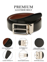 Load image into Gallery viewer, Teakwood Men's Premium Genuine Leather 2-in-1 Reversible Belt | Black &amp; Brown Fine Leather Finish | Silver  Rectangular Pin Buckle | Adjustable 35 mm Dress Belt for Formal, Casual, Office &amp; Business Wear
