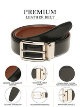 Load image into Gallery viewer, Teakwood Men's Premium Genuine Leather 2-in-1 Reversible Belt | Black &amp; Brown Natural Grain Leather Finish |Silver  Classic Tapered Pin Buckle | Adjustable 35 mm Dress Belt for Formal, Casual, Office &amp; Business Wear
