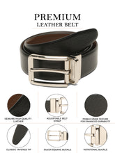 Load image into Gallery viewer, Teakwood Men's Premium Genuine Leather 2-in-1 Reversible Belt | Black &amp; Brown Natural Grain Leather Finish |Silver  Classic Tapered Pin Buckle | Adjustable 35 mm Dress Belt for Formal, Casual, Office &amp; Business Wear

