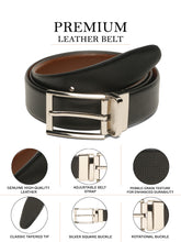 Load image into Gallery viewer, Teakwood Men's Premium Genuine Leather 2-in-1 Reversible Belt |  Black &amp; Brown Fine Leather Finish |  Silver  Rounded Rectangular Pin Buckle | Adjustable 35 mm Dress Belt for Formal, Casual, Office &amp; Business Wear
