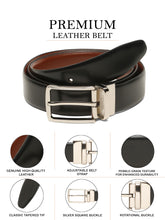 Load image into Gallery viewer, Teakwood Men's Premium Genuine Leather 2-in-1 Reversible Belt | Black &amp; Brown Fine Leather Finish | Silver Vector Pin Buckle | Adjustable 35 mm Dress Belt for Formal, Casual, Office &amp; Business Wear
