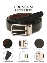 Load image into Gallery viewer, Teakwood Men's Premium Genuine Leather 2-in-1 Reversible Belt | Black &amp; Brown Natural Grain Leather Finish |Silver Radius Pin Buckle | Adjustable 35 mm Dress Belt for Formal, Casual, Office &amp; Business Wear

