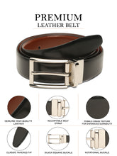 Load image into Gallery viewer, Teakwood Men's Premium Genuine Leather 2-in-1 Reversible Belt |  Black &amp; Brown Fine Leather Finish |  Silver   Rounded Rectangular Pin Buckle | Adjustable 35 mm Dress Belt for Formal, Casual, Office &amp; Business Wear
