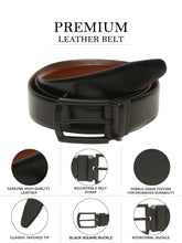 Load image into Gallery viewer, Teakwood Men's Premium Genuine Leather 2-in-1 Reversible Belt | Black &amp; Brown Crosshatch Textured Finish | Matte Black Classic Curved Pin Buckle | Adjustable 35 mm Dress Belt for Formal, Casual, Office &amp; Business Wear
