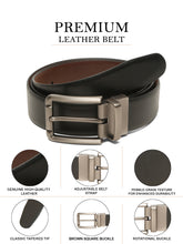 Load image into Gallery viewer, Teakwood Men's Premium Genuine Leather 2-in-1 Reversible Belt | Black &amp; Brown Natural Grain Leather Finish |Linear Brushed Pin Buckle | Adjustable 35 mm Dress Belt for Formal, Casual, Office &amp; Business Wear
