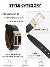Load image into Gallery viewer, Teakwood Men's Premium Genuine Leather 2-in-1 Reversible Belt | Black &amp; Brown Fine Leather Finish | Silver Refined Slim Frame Pin Buckle | Adjustable 35 mm Dress Belt for Formal, Casual, Office &amp; Business Wear
