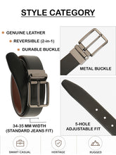 Load image into Gallery viewer, Teakwood Men's Premium Genuine Leather 2-in-1 Reversible Belt | Black &amp; Brown Natural Grain Leather Finish |Polished Black Nickel Rounded Rectangular Pin Buckle | Adjustable 35 mm Dress Belt for Formal, Casual, Office &amp; Business Wear
