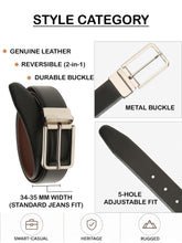 Load image into Gallery viewer, Teakwood Men's Premium Genuine Leather 2-in-1 Reversible Belt | Black &amp; Brown Natural Grain Leather Finish |Silver Slim Frame Pin Buckle | Adjustable 35 mm Dress Belt for Formal, Casual, Office &amp; Business Wear
