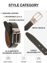 Load image into Gallery viewer, Teakwood Men's Premium Genuine Leather 2-in-1 Reversible Belt | Black &amp; Brown Natural Grain Leather Finish |Nickel Black Classic Tapered Pin Buckle | Adjustable 35 mm Dress Belt for Formal, Casual, Office &amp; Business Wear
