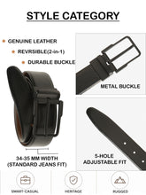Load image into Gallery viewer, Teakwood Men's Premium Genuine Leather 2-in-1 Reversible Belt | Black &amp; Brown Natural Grain Leather Finish /Matte black  Classic Angular Pin Buckle | Adjustable 35 mm Dress Belt for Formal, Casual, Office &amp; Business Wear
