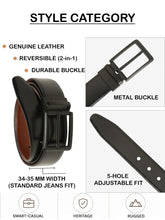 Load image into Gallery viewer, Teakwood Men's Premium Genuine Leather 2-in-1 Reversible Belt | Black &amp; Brown Fine Leather Finish | Matte Black Refined Slim Frame Pin Buckle | Adjustable 35 mm Dress Belt for Formal, Casual, Office &amp; Business Wear
