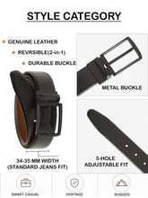 Load image into Gallery viewer, Teakwood Men's Premium Genuine Leather 2-in-1 Reversible Belt | Black &amp; Brown Crosshatch Textured Finish | Matte Black Vector Pin Buckle | Adjustable 35 mm Dress Belt for Formal, Casual, Office &amp; Business Wear

