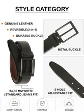 Load image into Gallery viewer, Teakwood Men's Premium Genuine Leather 2-in-1 Reversible Belt | Black &amp; Brown Fine Leather Finish |Silver  Rounded Rectangular Pin Buckle | Adjustable 35 mm Dress Belt for Formal, Casual, Office &amp; Business Wear
