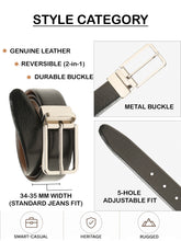 Load image into Gallery viewer, Teakwood Men's Premium Genuine Leather 2-in-1 Reversible Belt | Black &amp; Brown Natural Grain Leather Finish | Silver  Slim Frame Pin Buckle | Adjustable 35 mm Dress Belt for Formal, Casual, Office &amp; Business Wear
