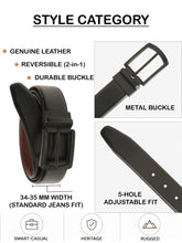 Load image into Gallery viewer, Teakwood Men's Premium Genuine Leather 2-in-1 Reversible Belt | Black &amp; Brown Natural Grain Leather Finish |Matte Black Classic Curved Pin Buckle | Adjustable 35 mm Dress Belt for Formal, Casual, Office &amp; Business Wear
