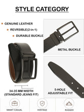 Load image into Gallery viewer, Teakwood Men's Premium Genuine Leather 2-in-1 Reversible Belt | Black &amp; Brown Pebble Grain Leather Finish | Matte Black Linear Edge Pin Buckle | Adjustable 35 mm Dress Belt for Formal, Casual, Office &amp; Business Wear
